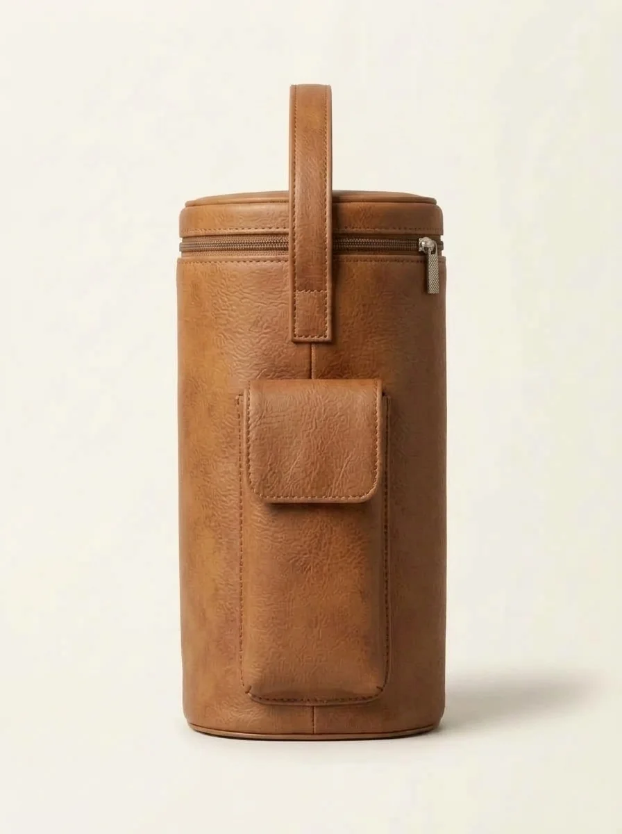 MORAES Cylindrical Wine Duo Carrier — 3/4, side pocket visible