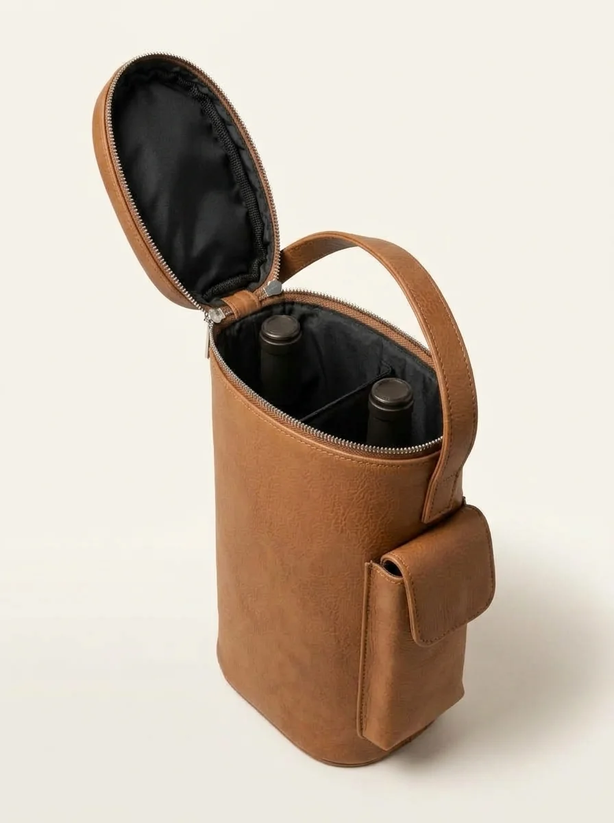 MORAES Cylindrical Wine Duo Carrier — open, two bottles, divider