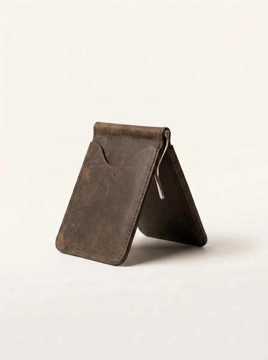 MORAES Money Clip Wallet — open, editorial