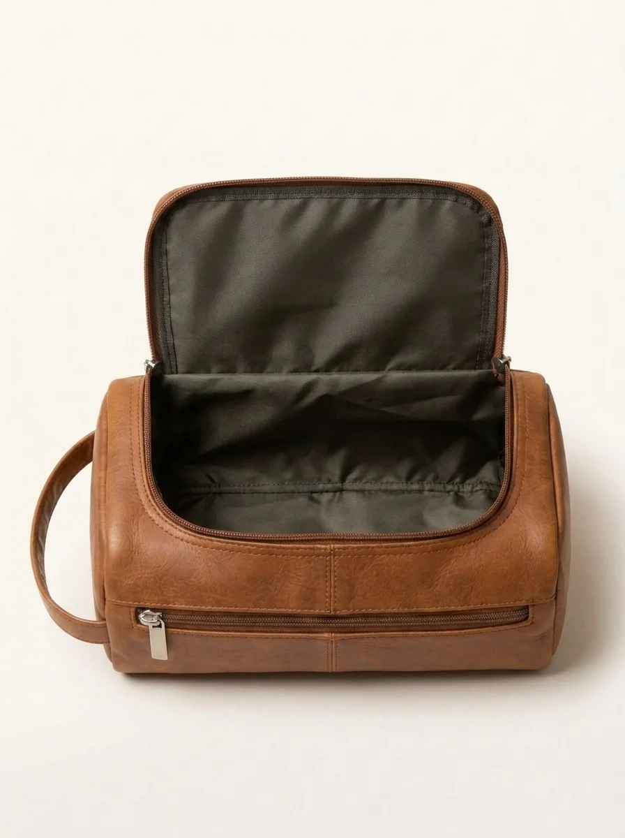 MORAES Toiletry Bag — open, olive-brown lining