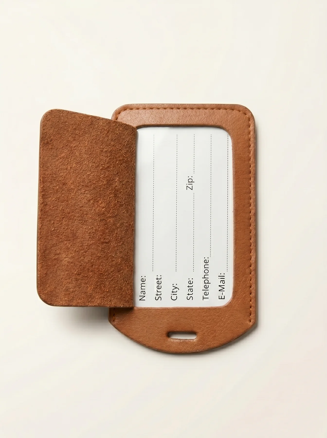 MORAES Leather Luggage Tag — window fastened to handle