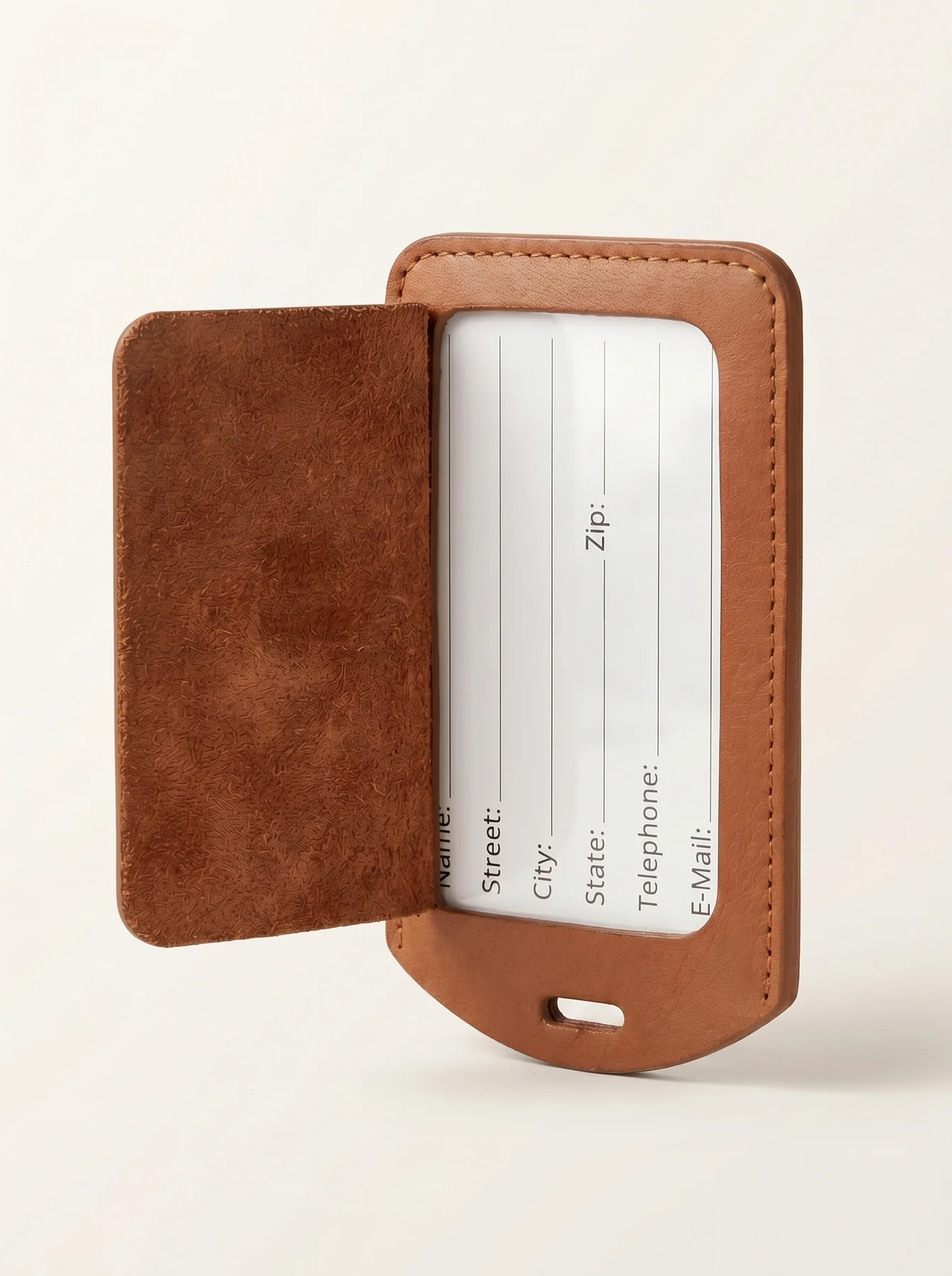 MORAES Leather Luggage Tag — buckle and window detail