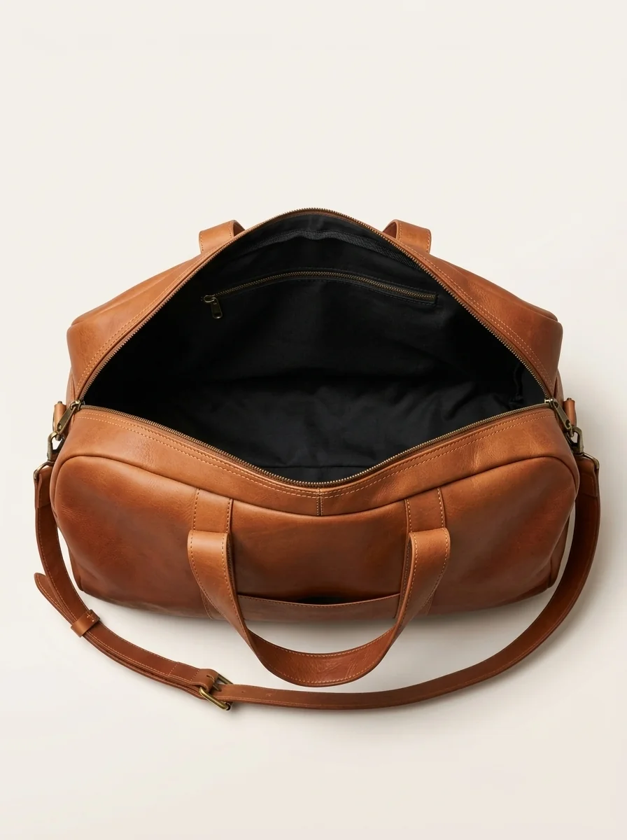 MORAES Leather Travel Duffle — interior and zip pocket