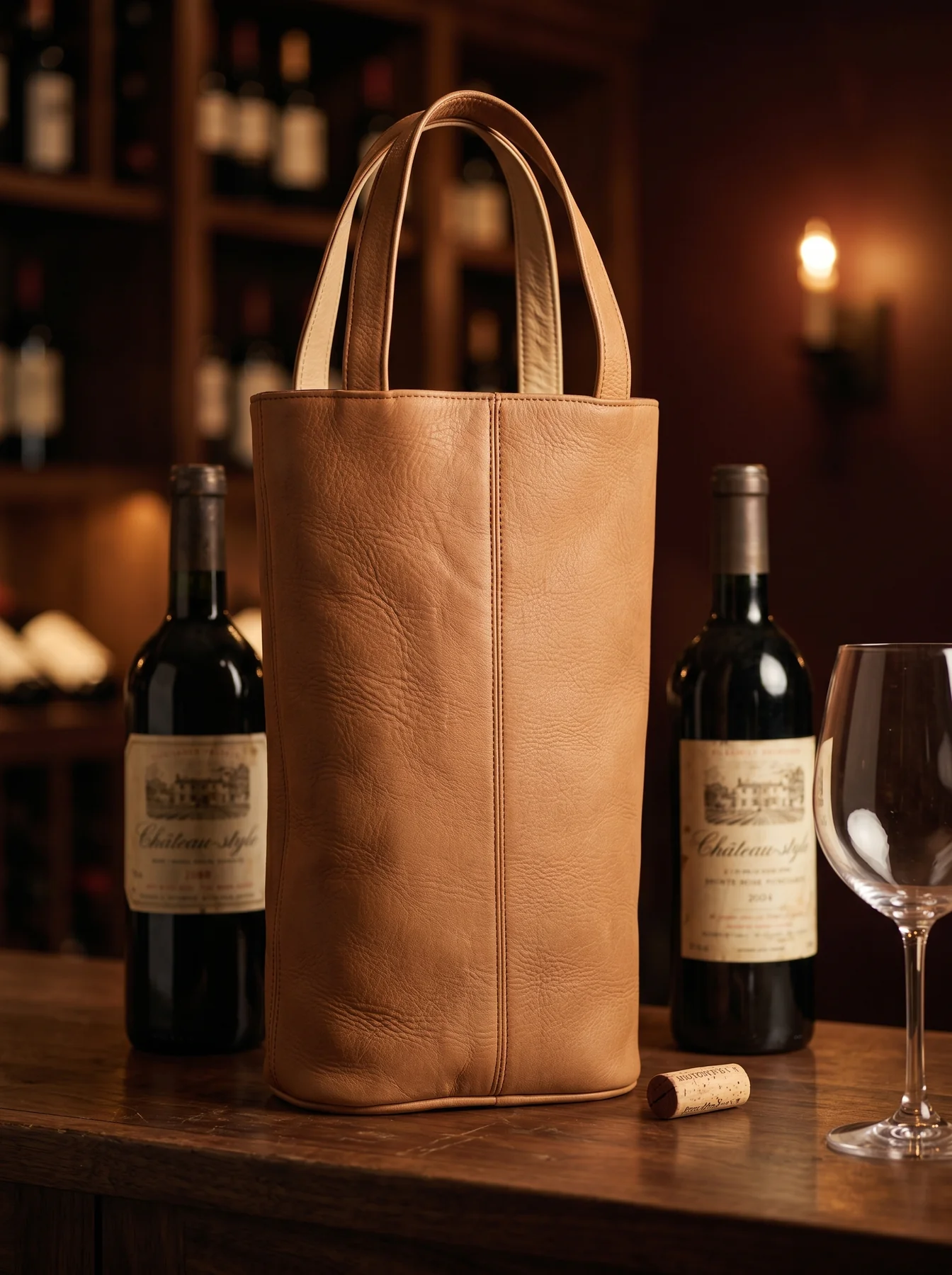 MORAES Leather Magnum Wine Carrier — lifestyle view